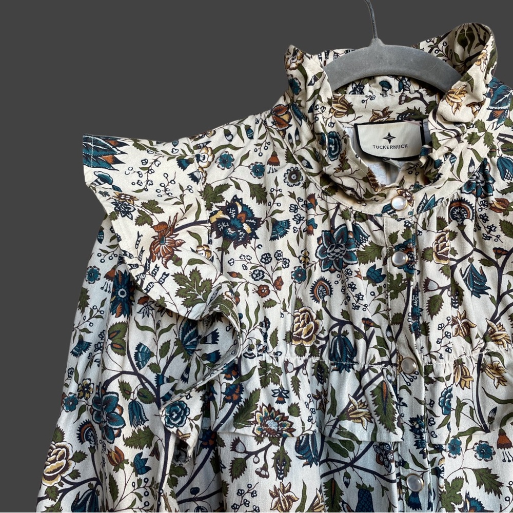 TUCKERNUCK Wildwood Chintz Winnie Blouse Ecru Floral Ruffle Pearl Snap Shirt Top - Picture 13 of 17